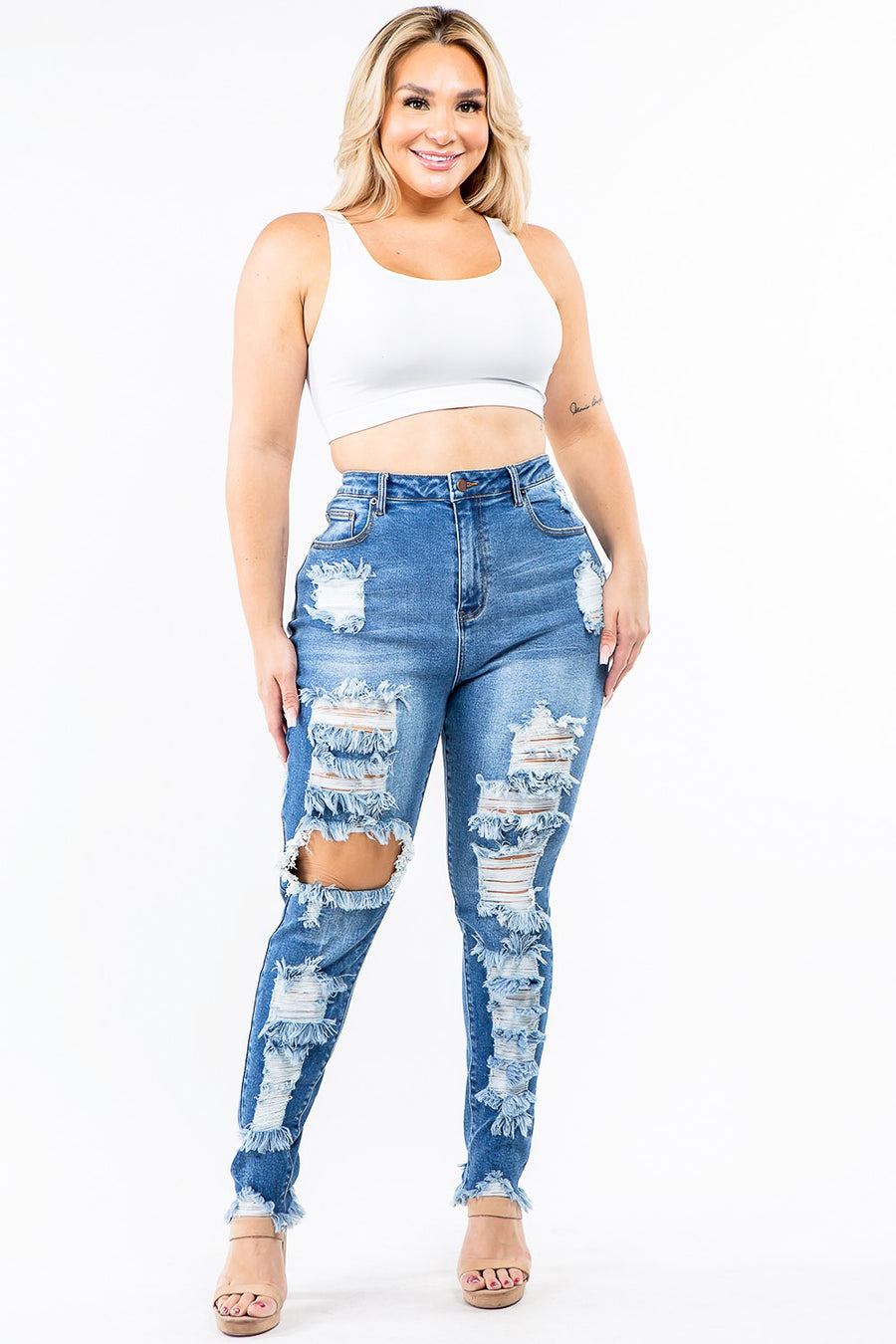 PLUS SIZE HIGH WAIST CUT OUT LIGHT BLUE DISTRESSED JEANS